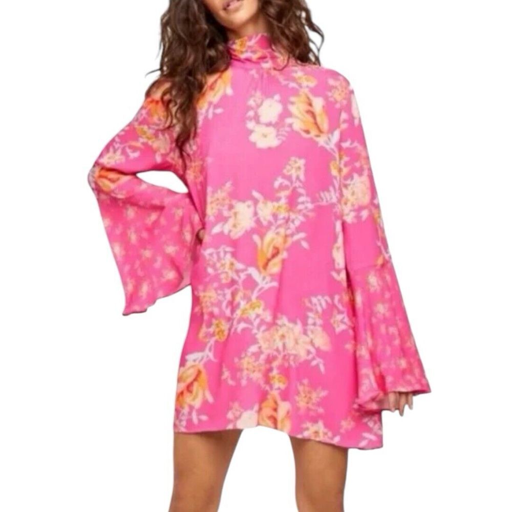 Free People Lollipop Combo Tate Pink Floral Barbiecore Mini Dress Tunic Size L
